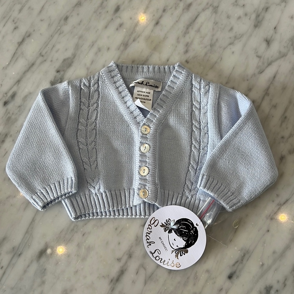 New Sarah Louise Baby Cable Knit Cardigan In Light Blue